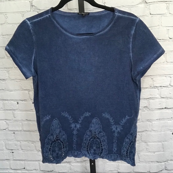 Hannah Distressed Blue Blouse with Eyelet Trim - Picture 1 of 3